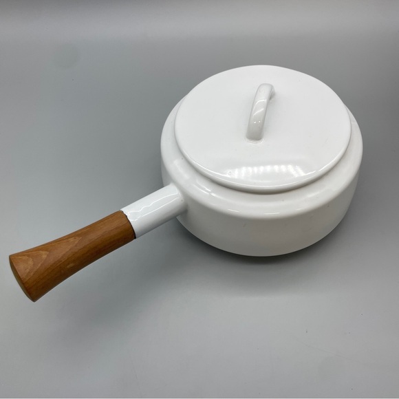 Dansk Enamelware Fondue Pot Saucepan White Teak Handle - Picture 2 of 12